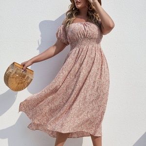 Boho Plus Floral Print Off Shoulder Slit Maxi Dress